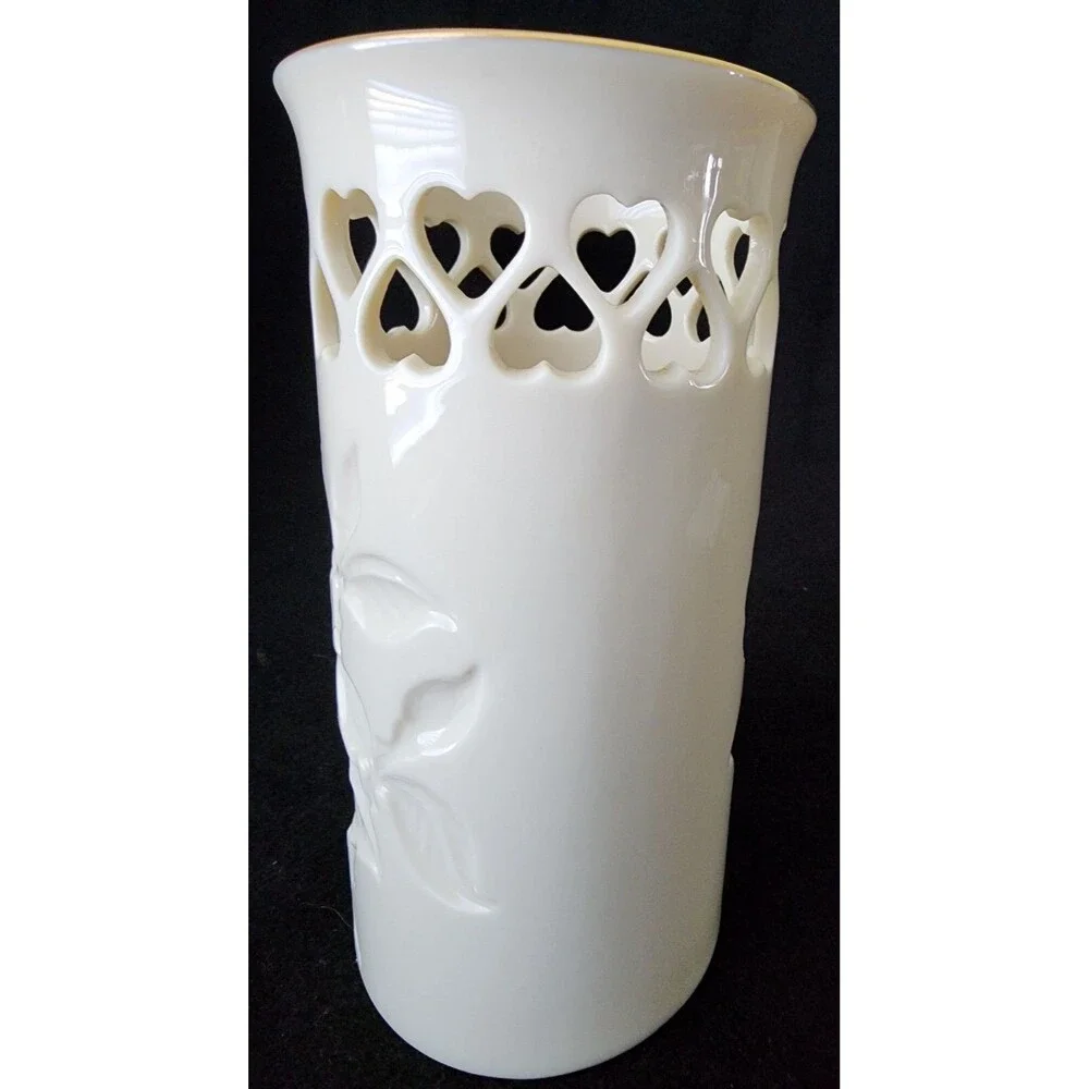 Vintage ~ Lenox Intaglio Rose Pierced Hearts Vase with Gold trim/stamp. Made USA